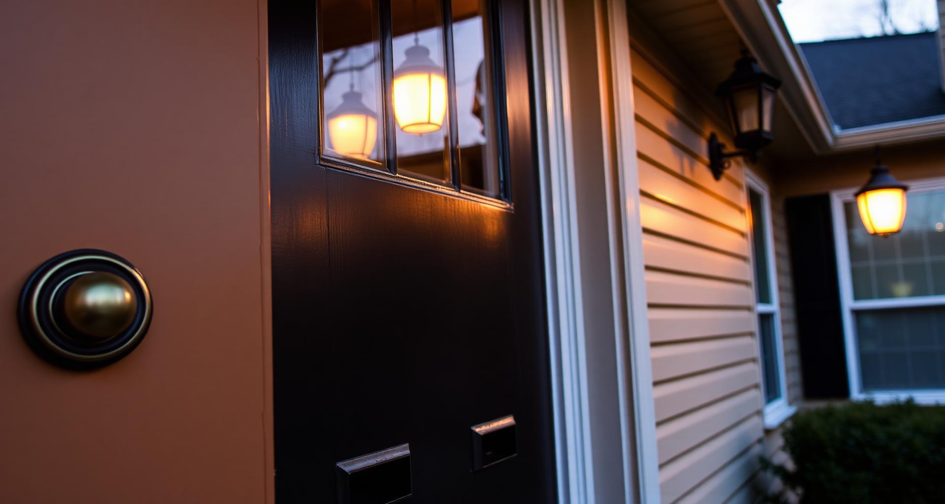 Warm front door of a Tennessee home at dusk with brass doorknob and porch light