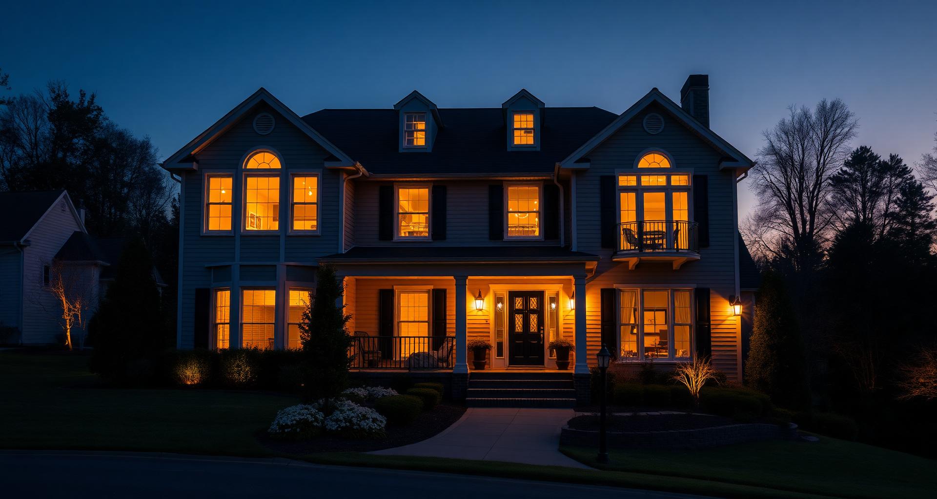 Two-story Nashville-area home at dusk with warm interior lights — Greater Nashville Home Watch